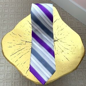 Calvin Klein 100% Silk Tie. Grayish/Silver w/White, Purple and Blue Stripes.